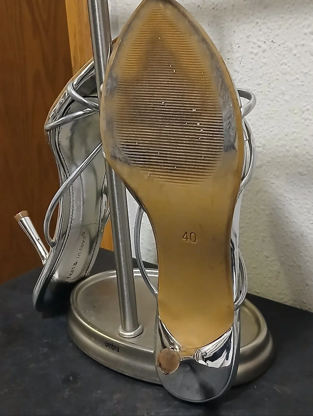On Feet & In Love Metallic Silver Strappy Kitten Heel Mules Size 40 US 9-9.5